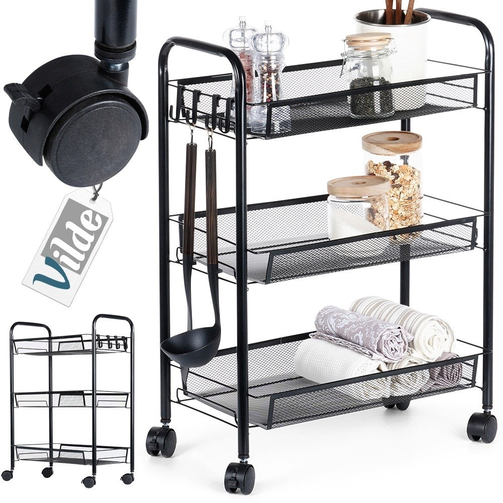 3-tier black metal trolley on wheels for home & office
