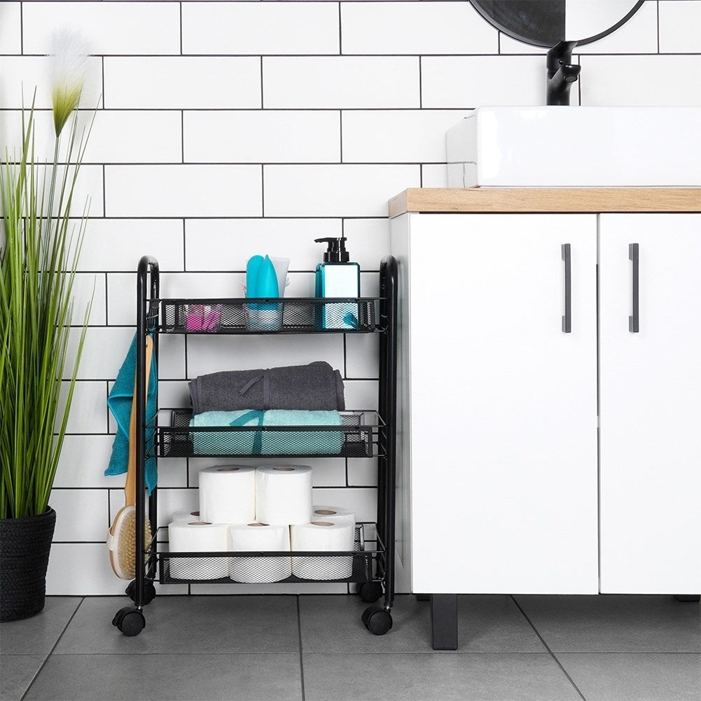 3-tier black metal trolley on wheels for home & office