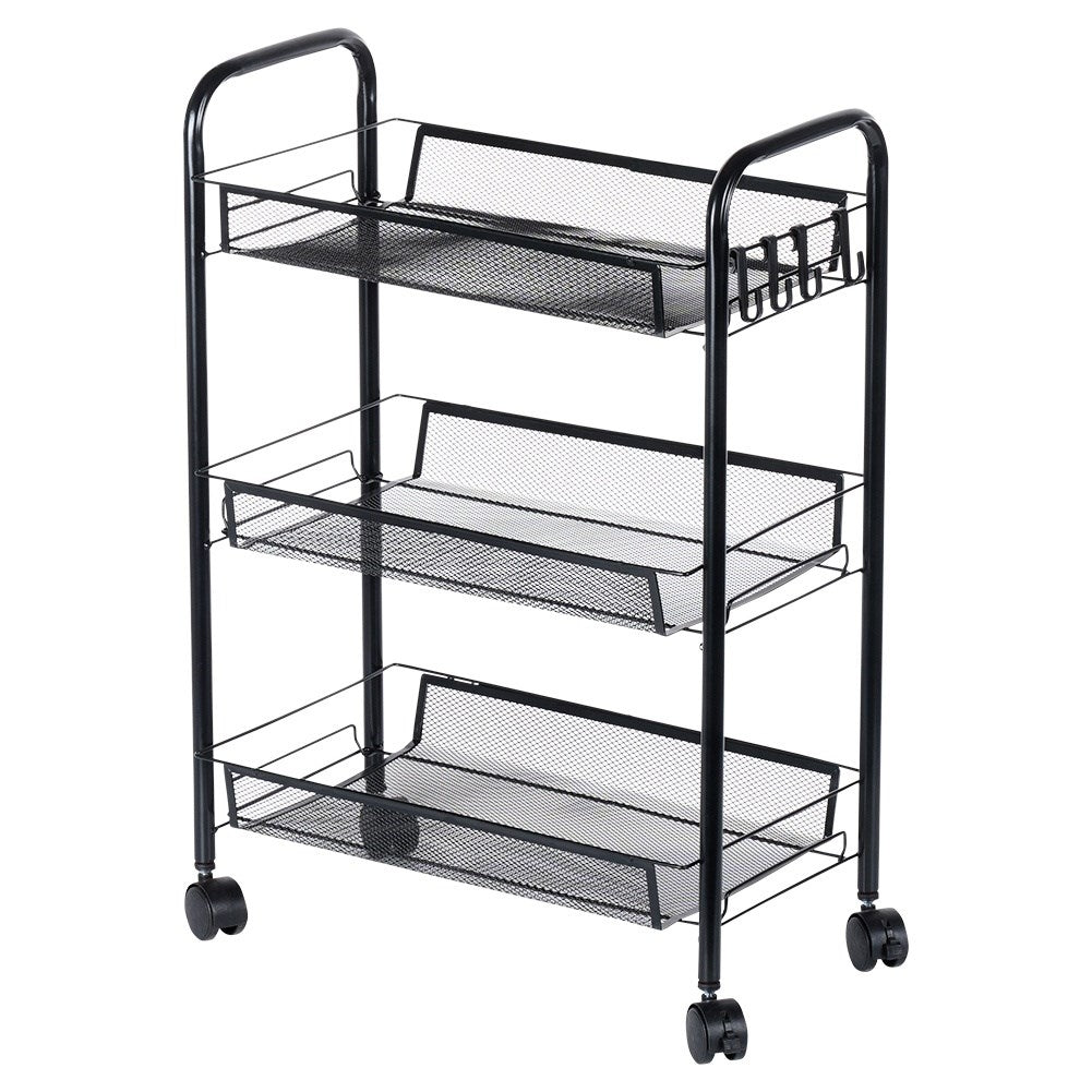 3-tier black metal trolley on wheels for home & office