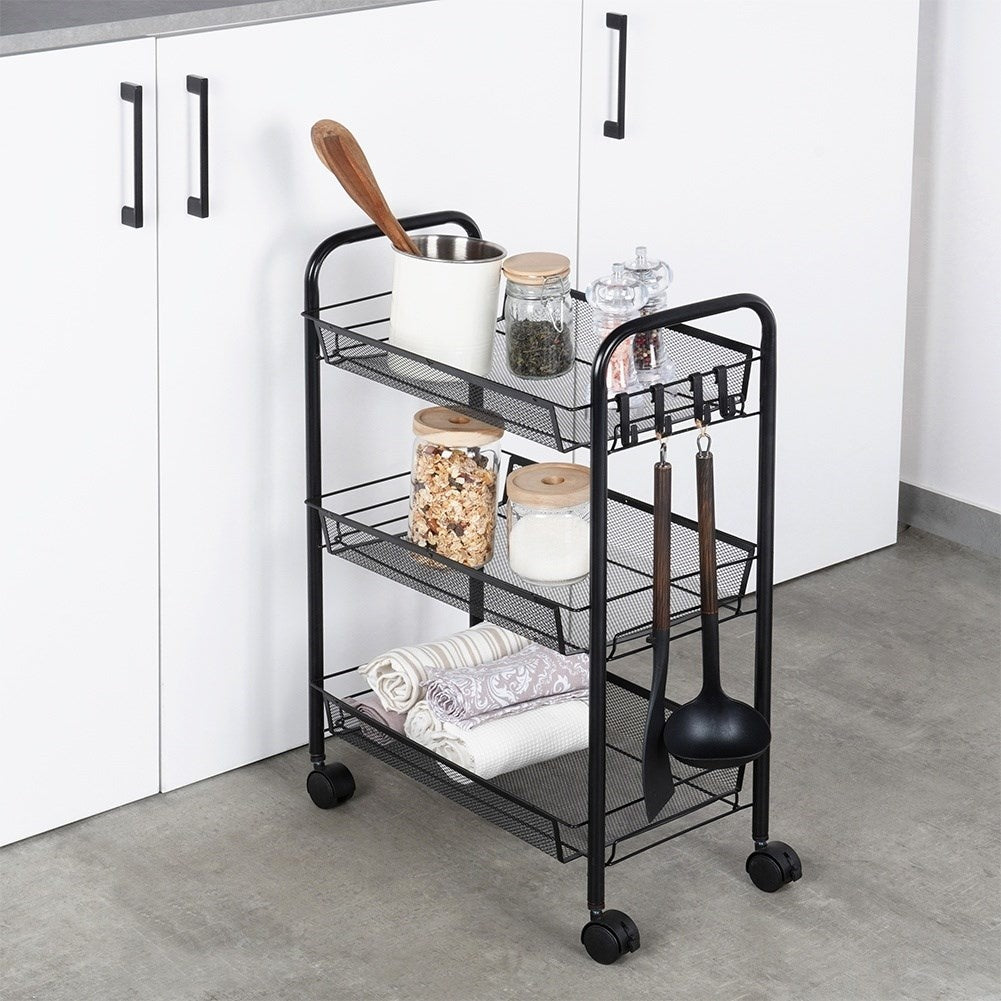 3-tier black metal trolley on wheels for home & office