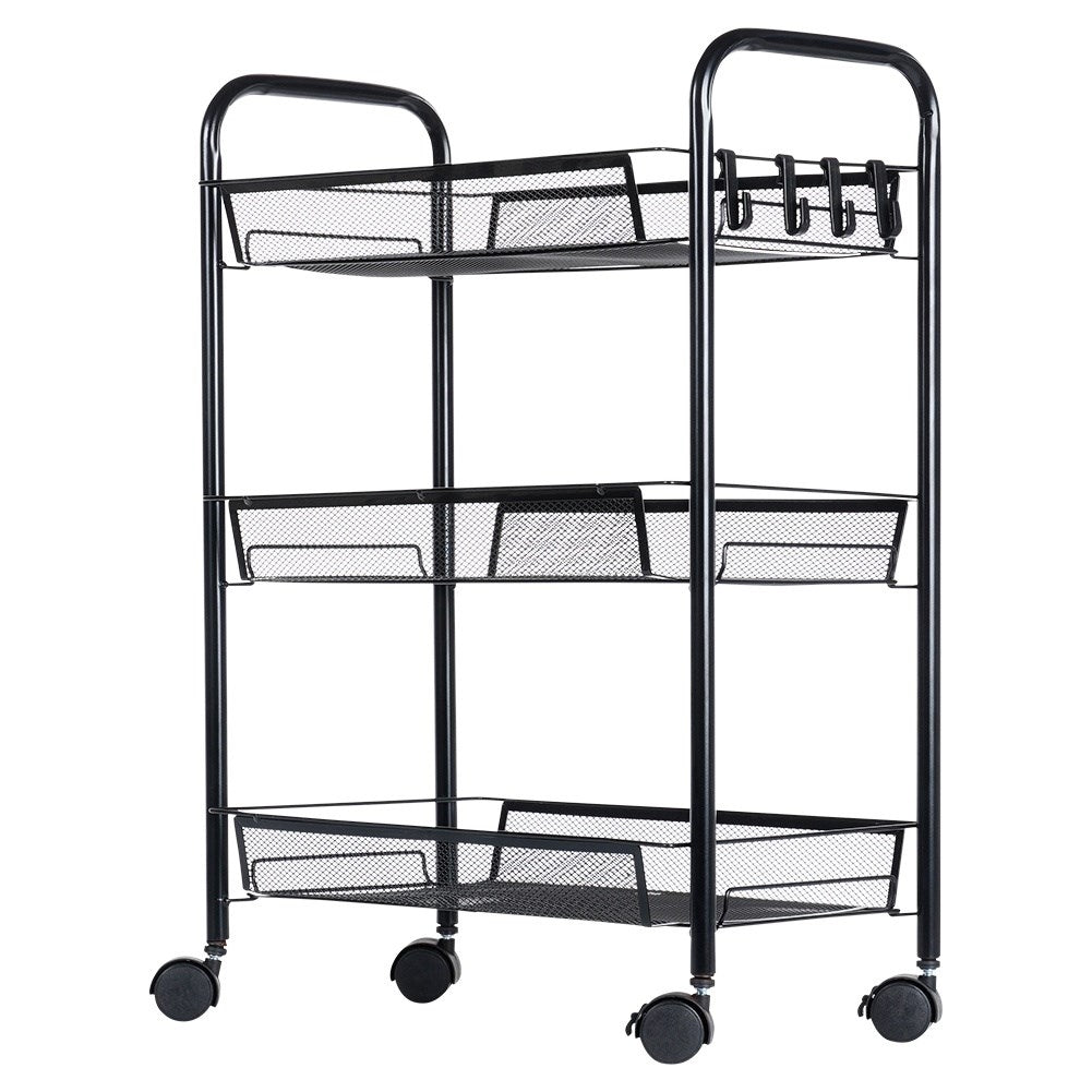 3-tier black metal trolley on wheels for home & office