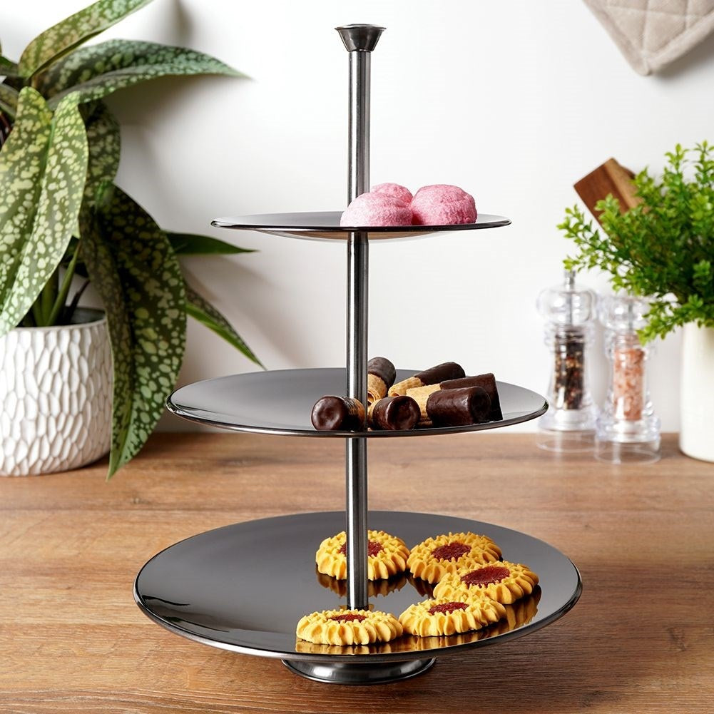 3-tier cake dish in black stainless steel for delicacies