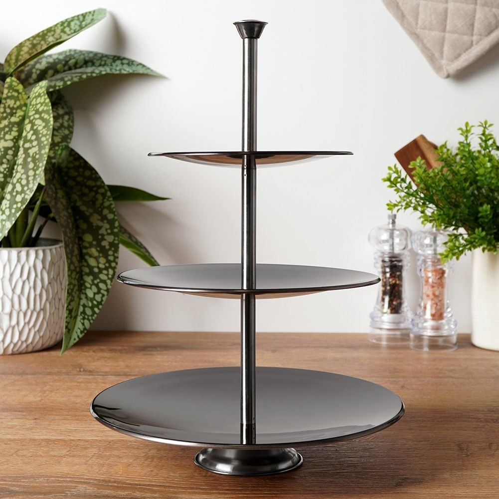 3-tier cake dish in black stainless steel for delicacies