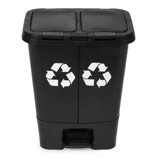 40L Dual Compartment Trash Can – Black, Pedal Open