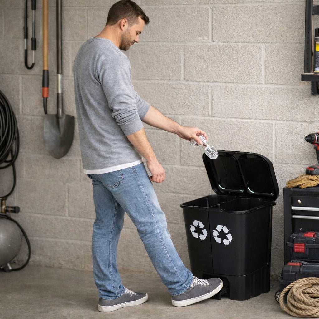 40L Dual Compartment Trash Can – Black, Pedal Open