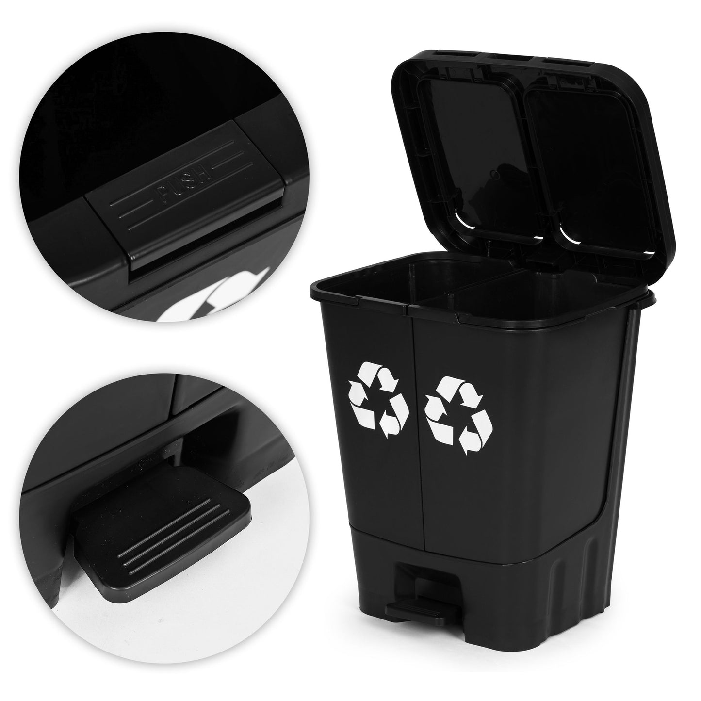 40L Dual Compartment Trash Can – Black, Pedal Open