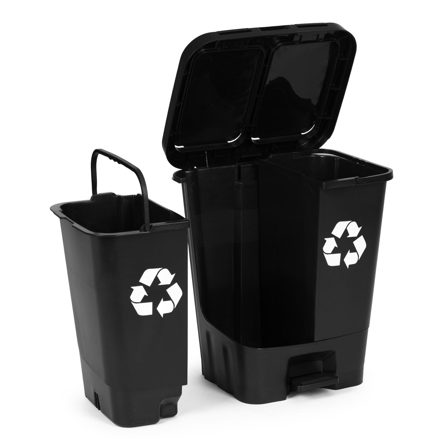40L Dual Compartment Trash Can – Black, Pedal Open