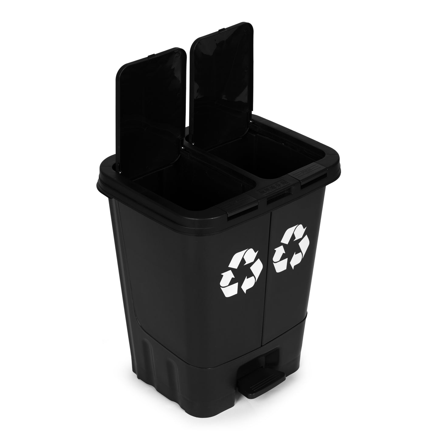 40L Dual Compartment Trash Can – Black, Pedal Open