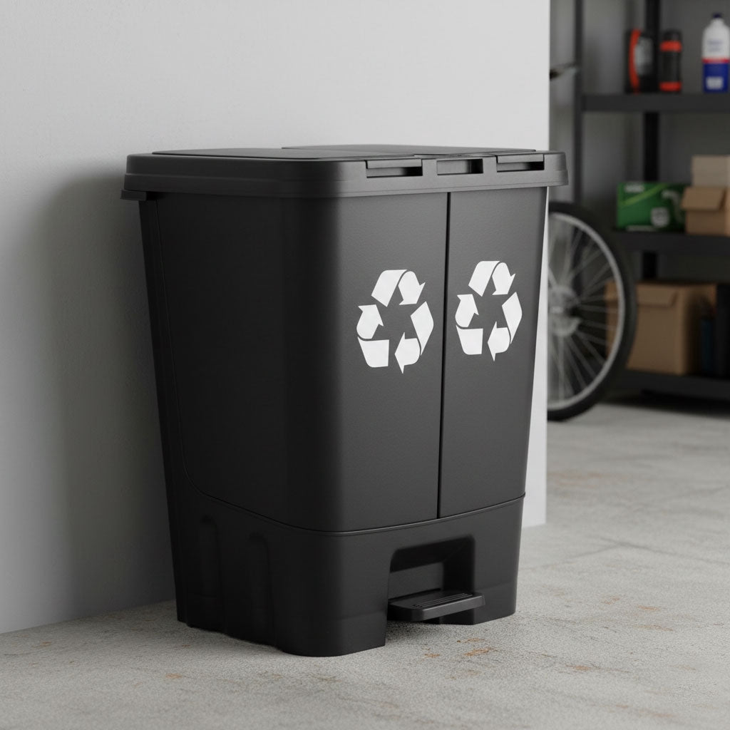 40L Dual Compartment Trash Can – Black, Pedal Open