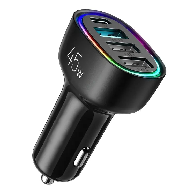 4-Port Car Charger 45W, PD, QC 3.0 - Black
