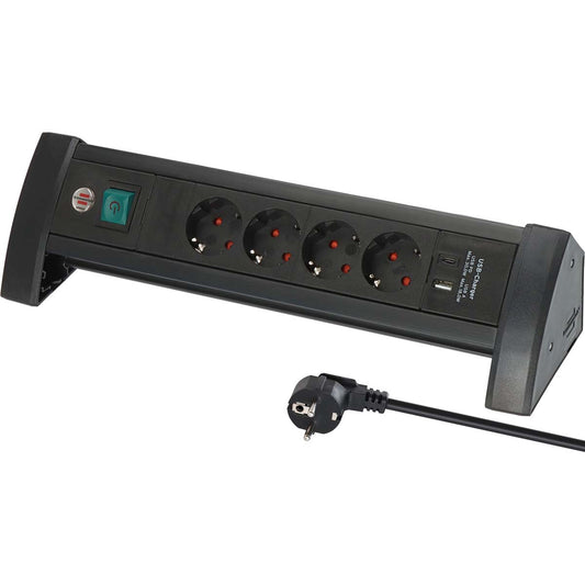 4-Way Power Strip with USB C PD, 1.8m Cable, Black