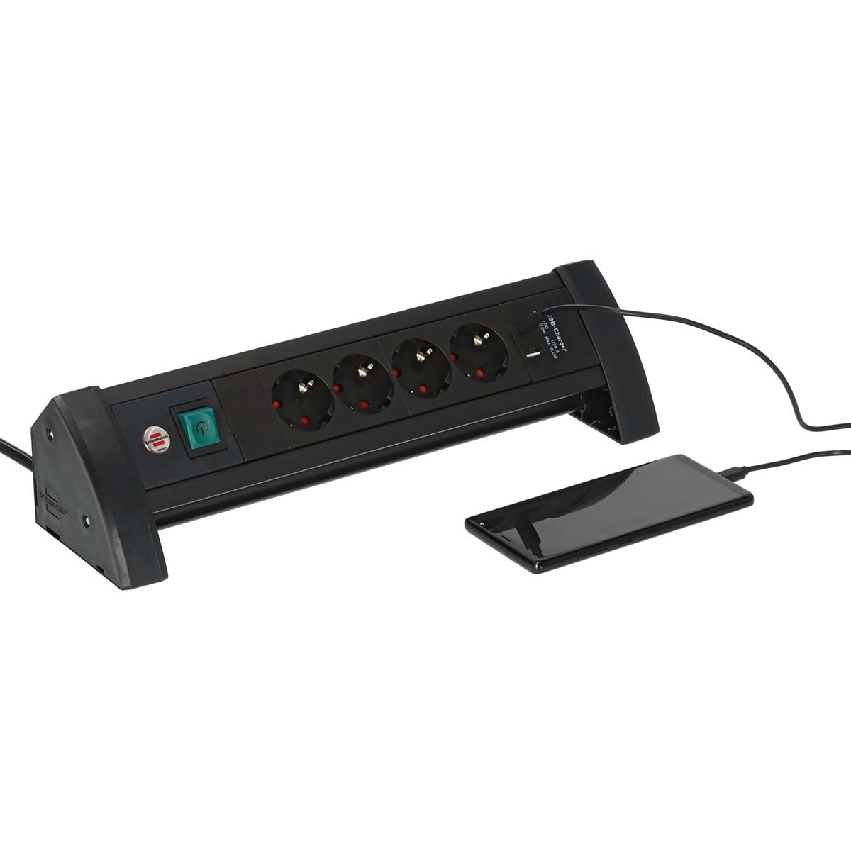 4-Way Power Strip with USB C PD, 1.8m Cable, Black