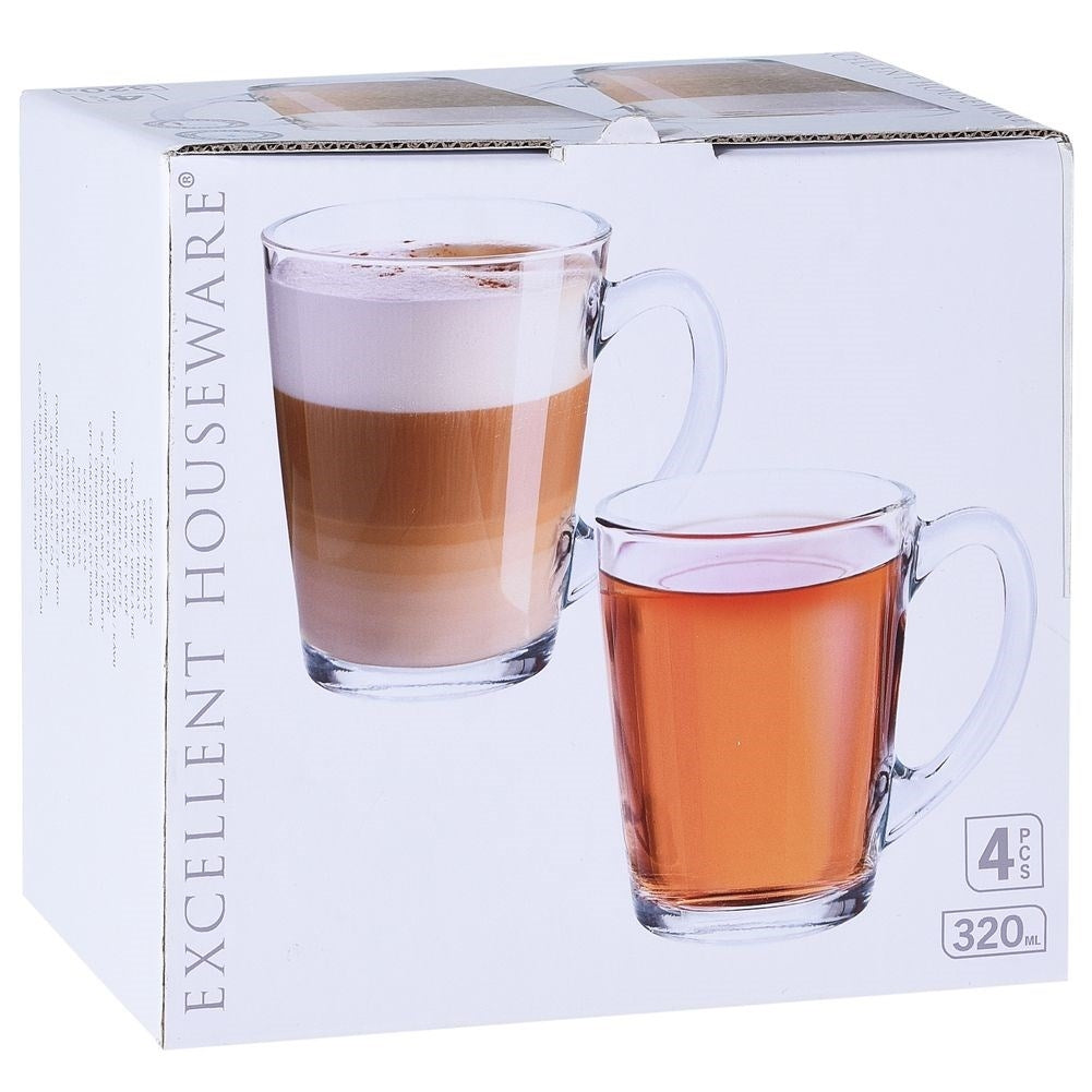 4 durable glasses with handles for coffee, tea and drinks