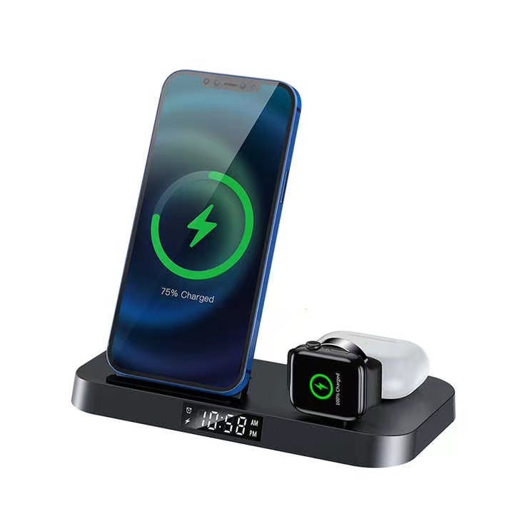 4-in-1 Wireless Charger with Digital Clock, 15W - Black