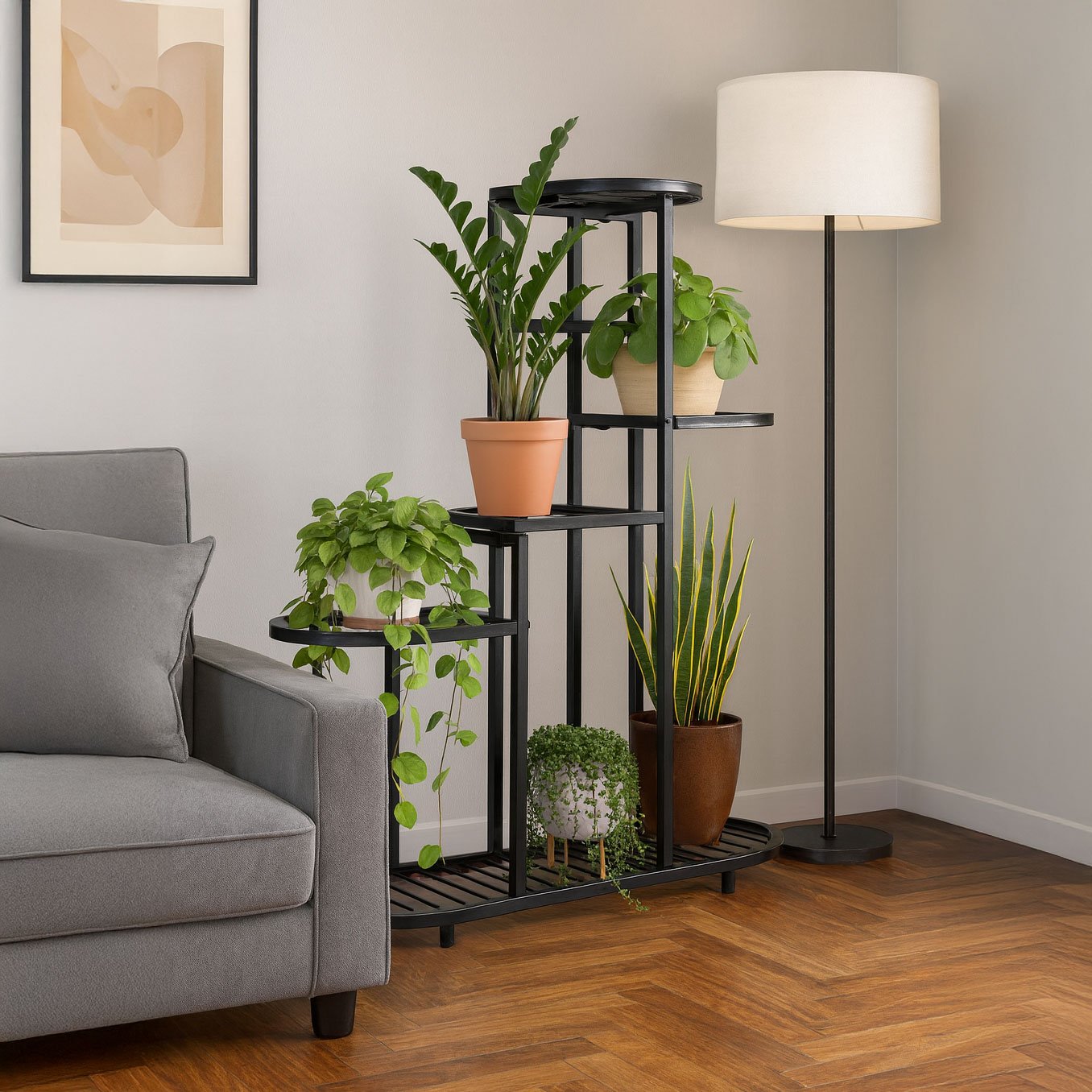 5-Tier Steel Plant Stand – Black, Anti-Slip, 30kg Load