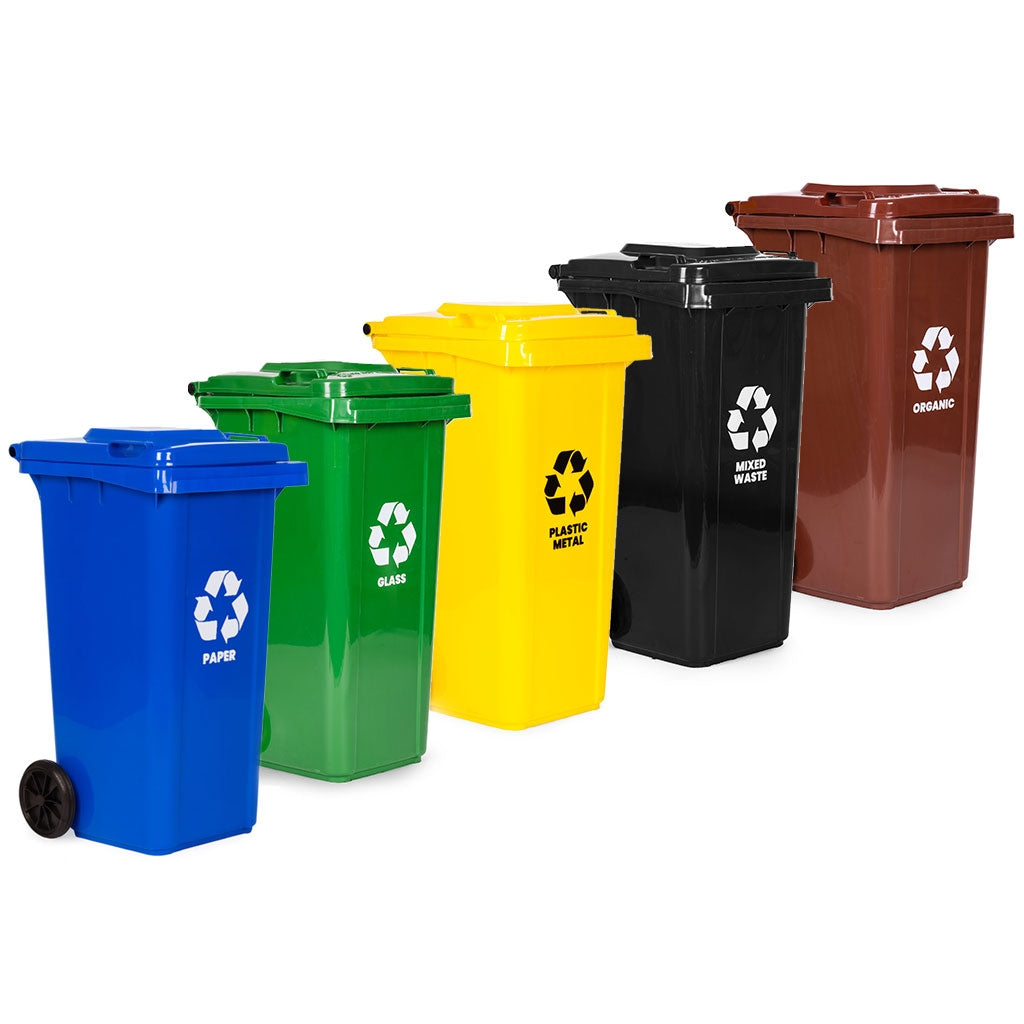5x120L Waste Bins Set with Rubber Wheels, HDPE