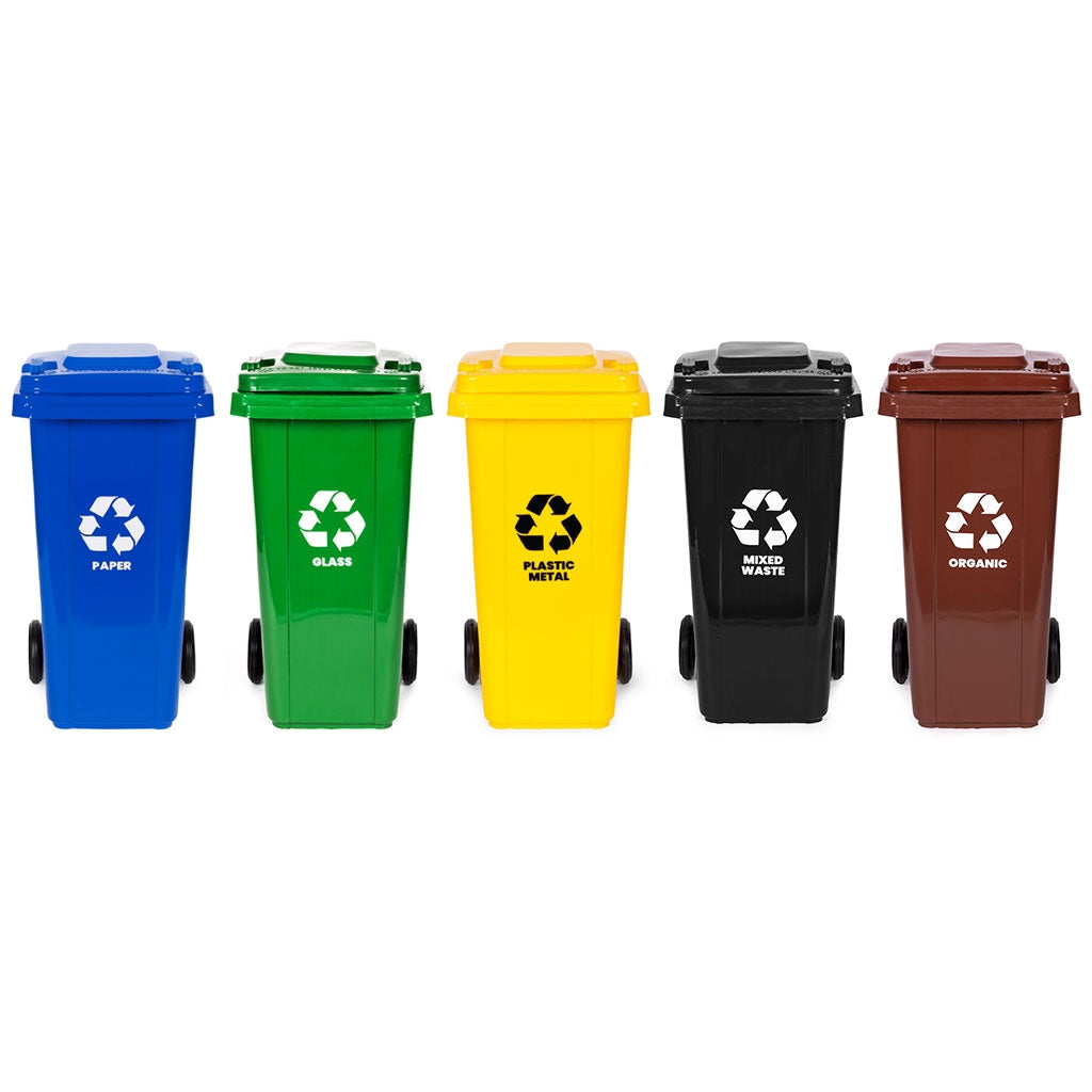 5x120L Waste Bins Set with Rubber Wheels, HDPE
