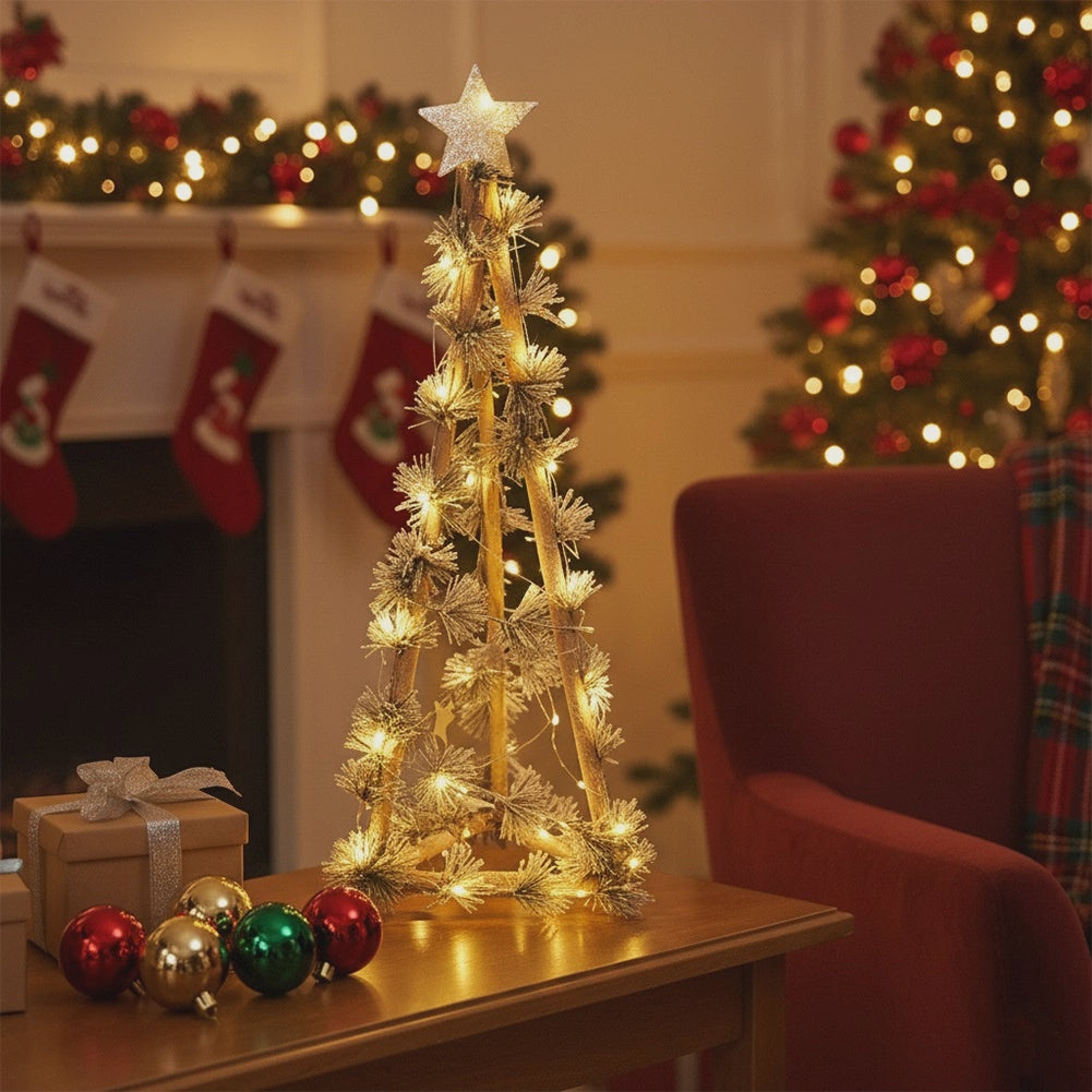 68 cm Wooden Christmas Cone Tree with LED Lights