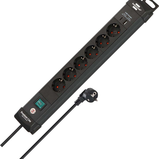 6-Way Power Strip with USB-C PD, 1.8m Cable, Wall Mount