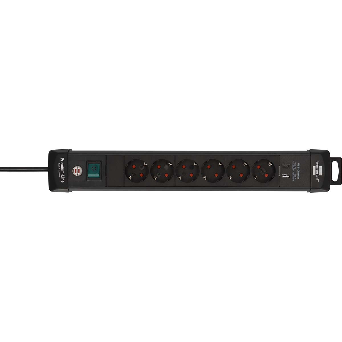 6-Way Power Strip with USB-C PD, 1.8m Cable, Wall Mount