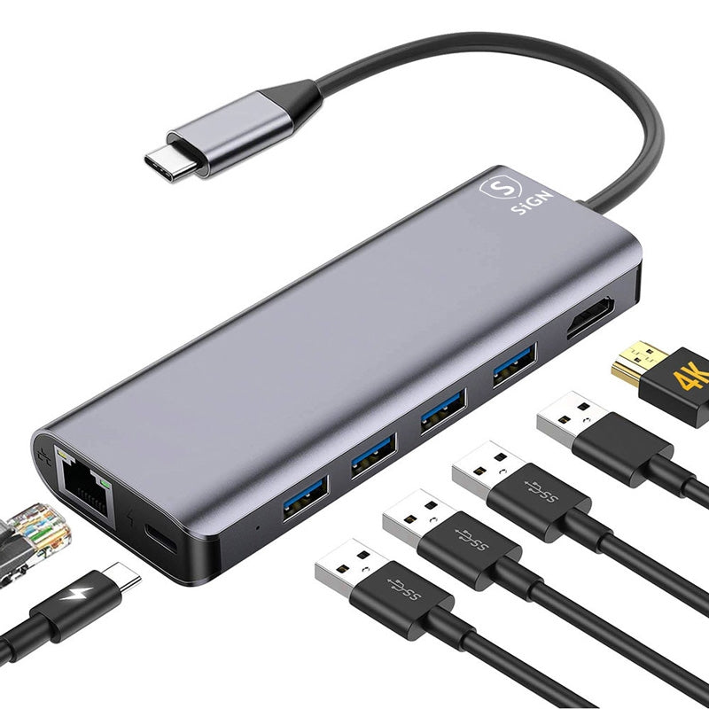 7-in-1 USB-C hub HDMI RJ45 USB-C, max 100W, 20V, 5A - Gray