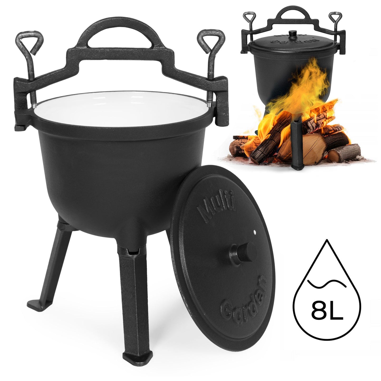 8L Enameled Cast Iron Cauldron with Stand for Campfire