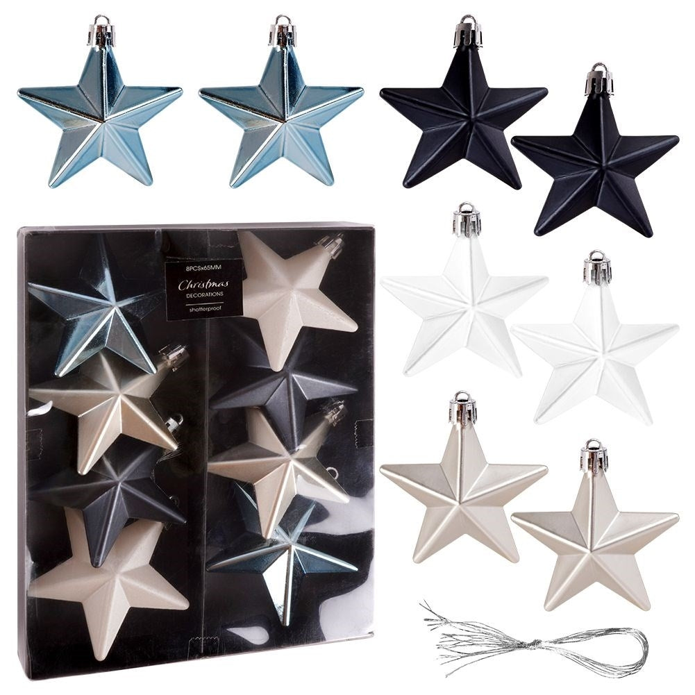 8 durable Christmas tree balls in blue, silver and white star shape