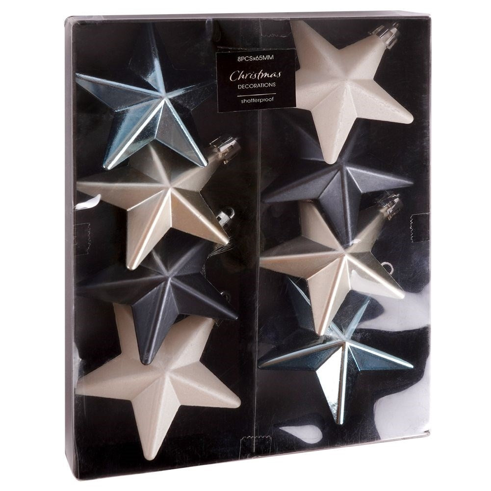 8 durable Christmas tree balls in blue, silver and white star shape