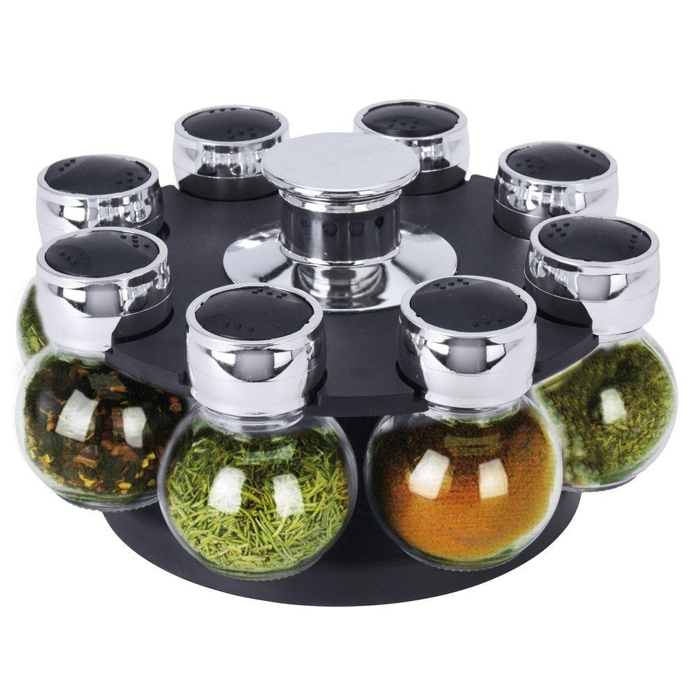 8-piece spice set with rotating rack and chrome lids