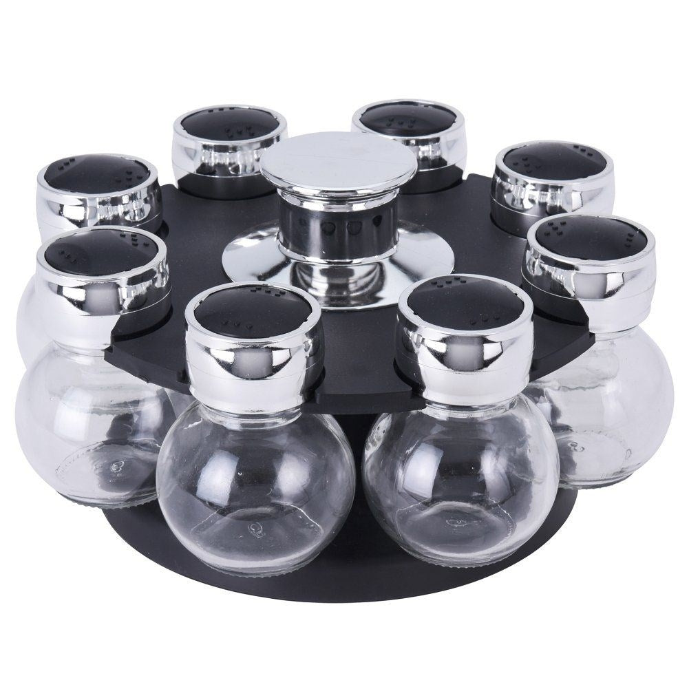 8-piece spice set with rotating rack and chrome lids