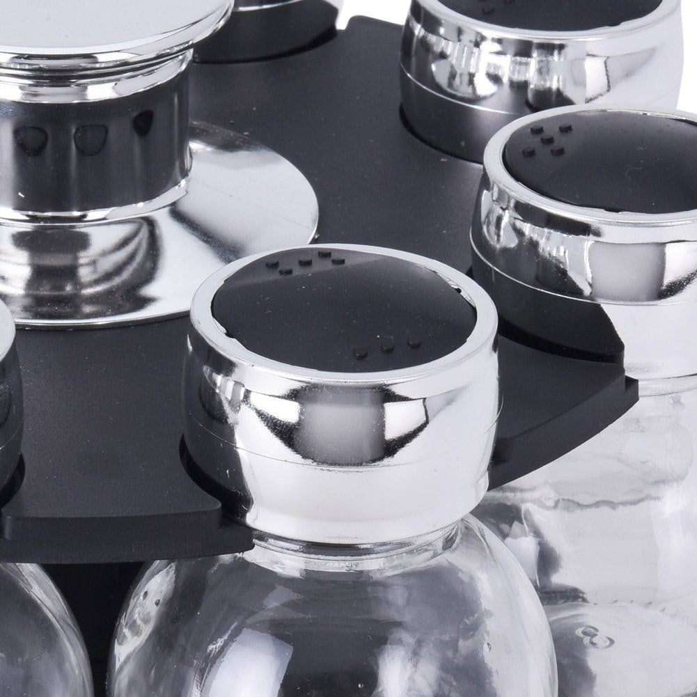 8-piece spice set with rotating rack and chrome lids