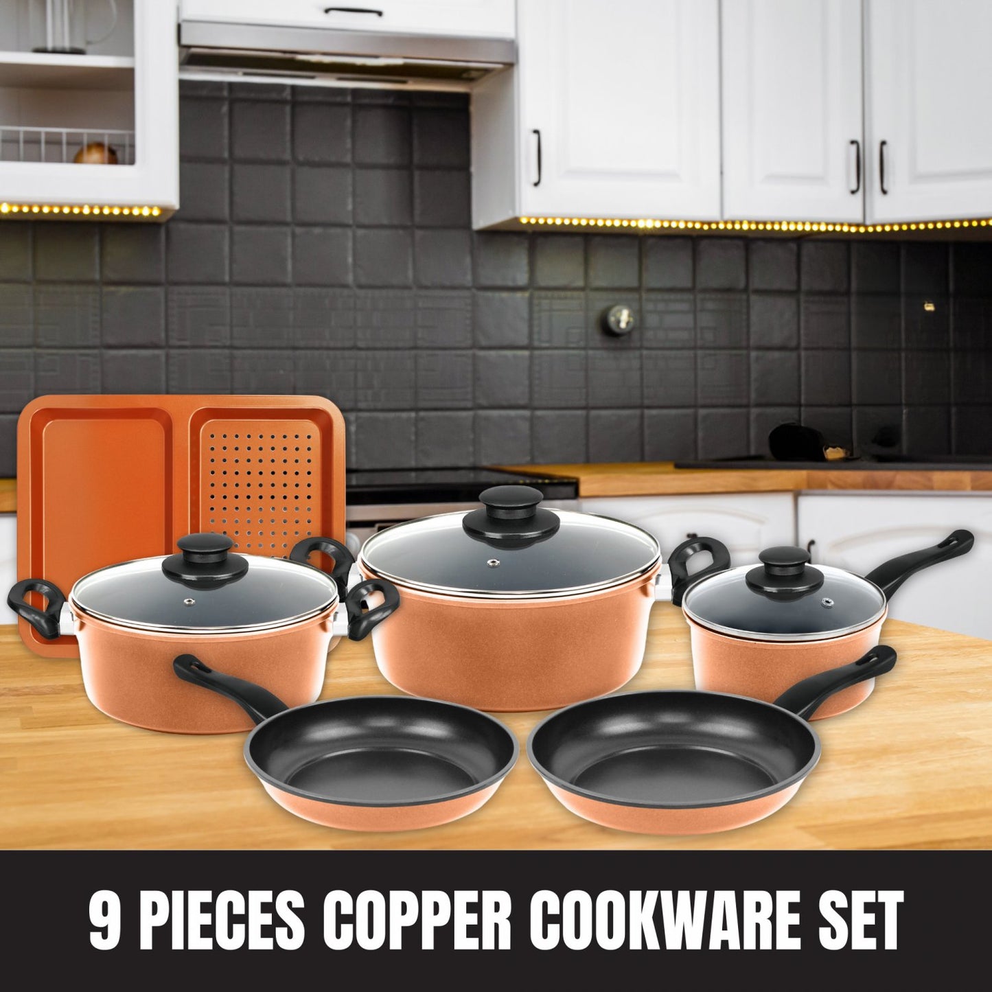 9-Piece Non-Stick Copper Cookware Set, Induction Safe