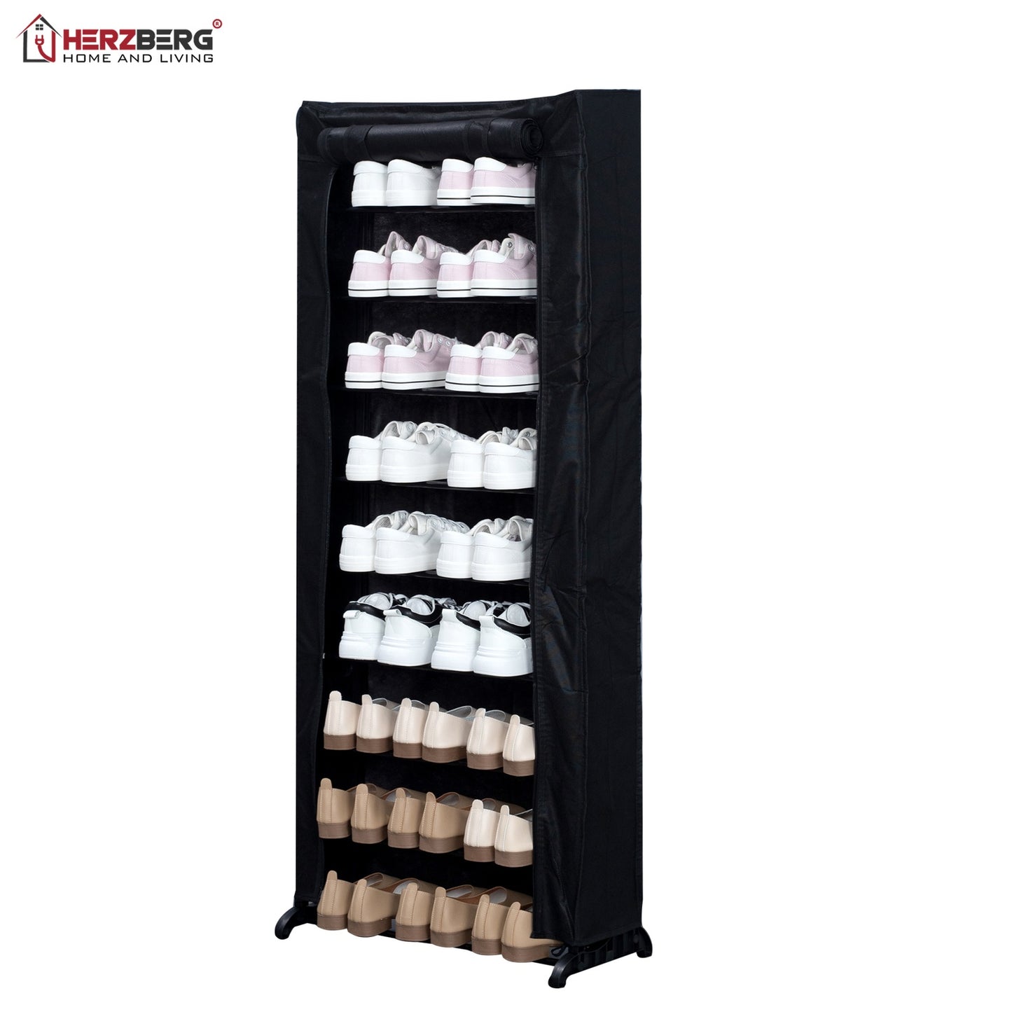 9-Tier Shoe Rack Organizer, Black, Waterproof Cover