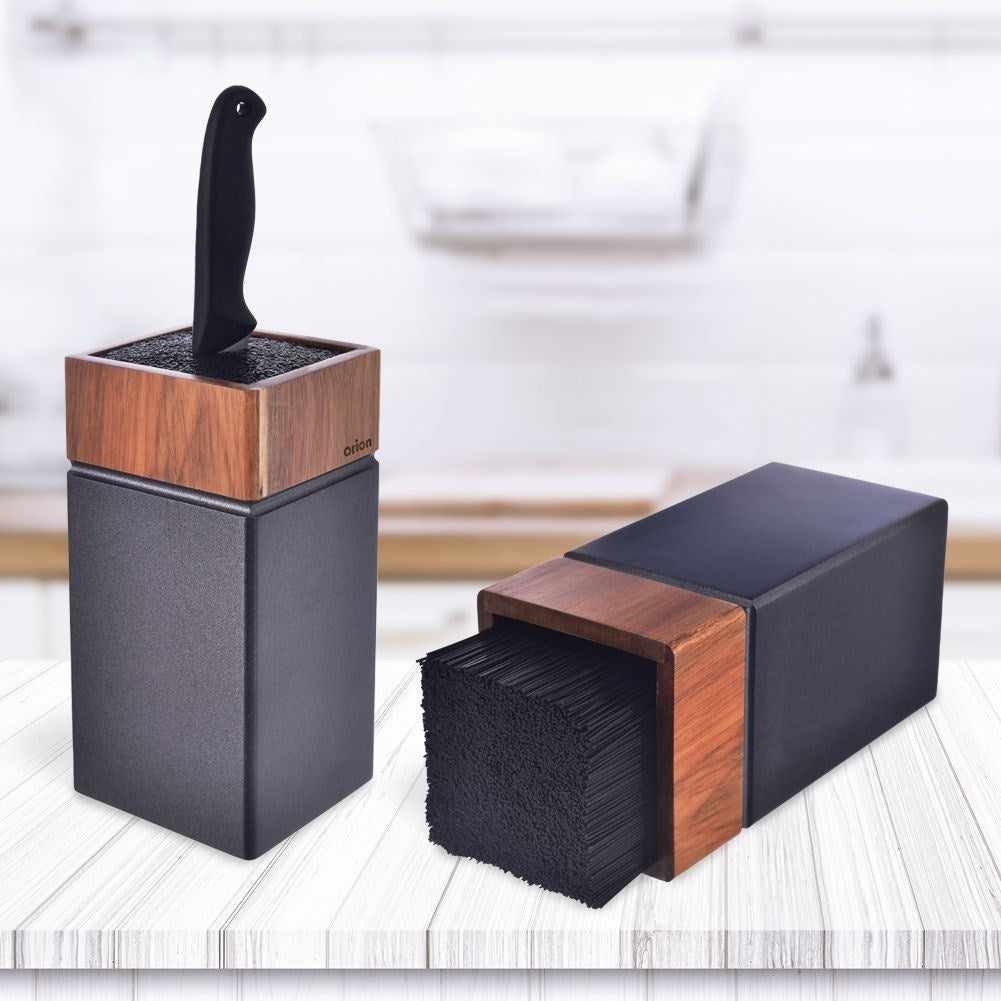 Acacia wood knife rack with plastic brush cover