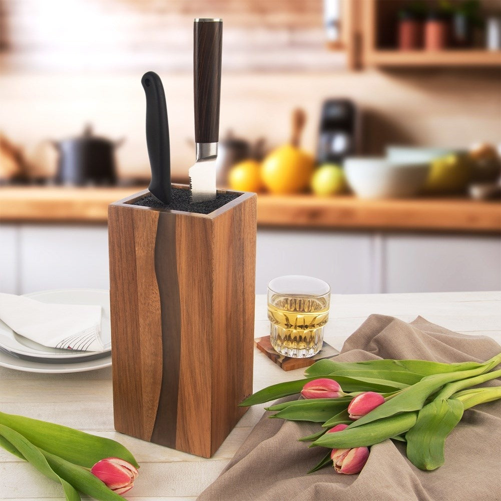Acacia wood knife rack with plastic brush for safe knife protection