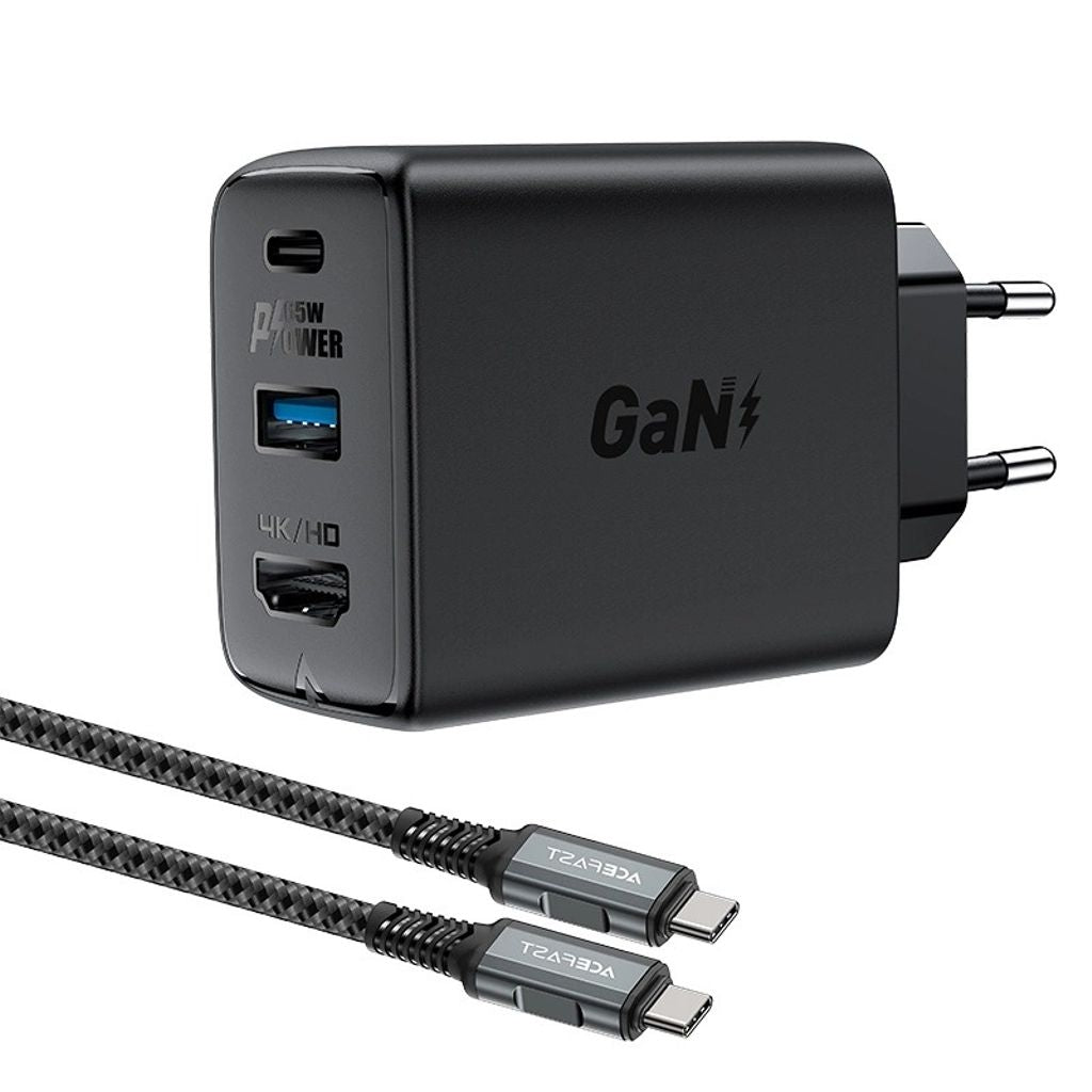 Acefast 2in1 charger GaN 65W USB-C/USB and HDMI adapter 4K@60Hz + USB-C cable 1.8m - Black