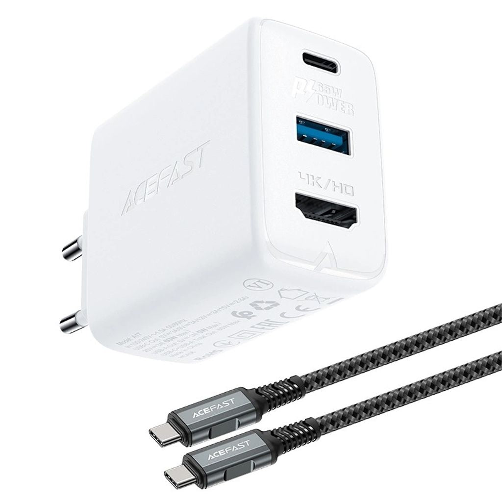 Acefast 2in1 charger GaN 65W USB-C/USB and HDMI adapter 4K@60Hz + USB-C cable 1.8m - White