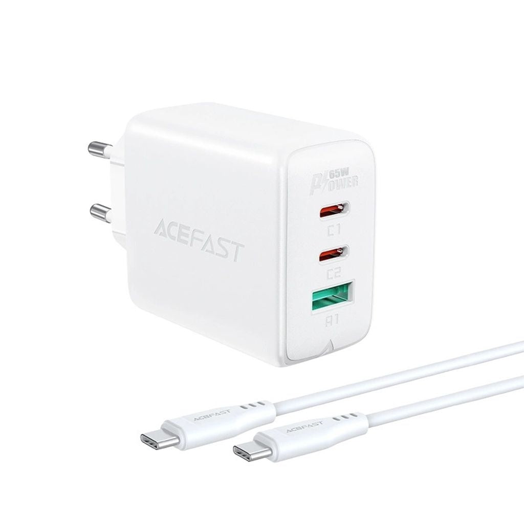 Acefast 2in1 wall charger 2x USB-C/ 1x USB-A, 65W, PD, QC 3.0, AFC, FCP + USB-C cable, 1.2m - White