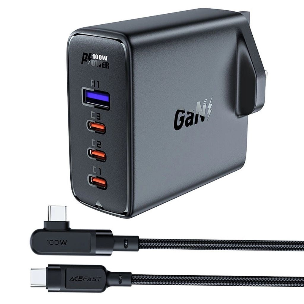 Acefast Fast Charger GaN UK 100W PD, 3x USB-C, 1x USB-A + USB-C cable, 2m - Black