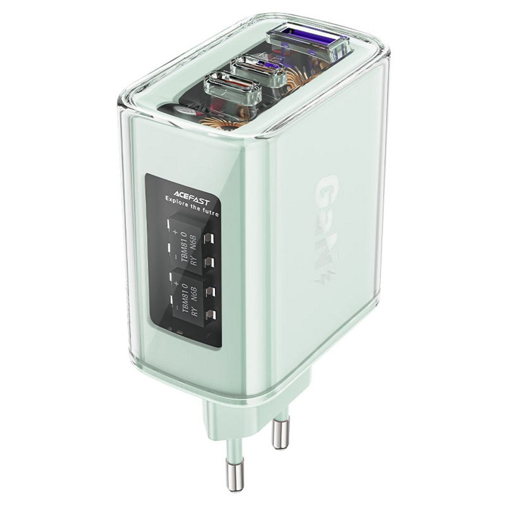 Acefast charger GaN 65W, 3 ports (1xUSB, 2xUSB-C) - Green