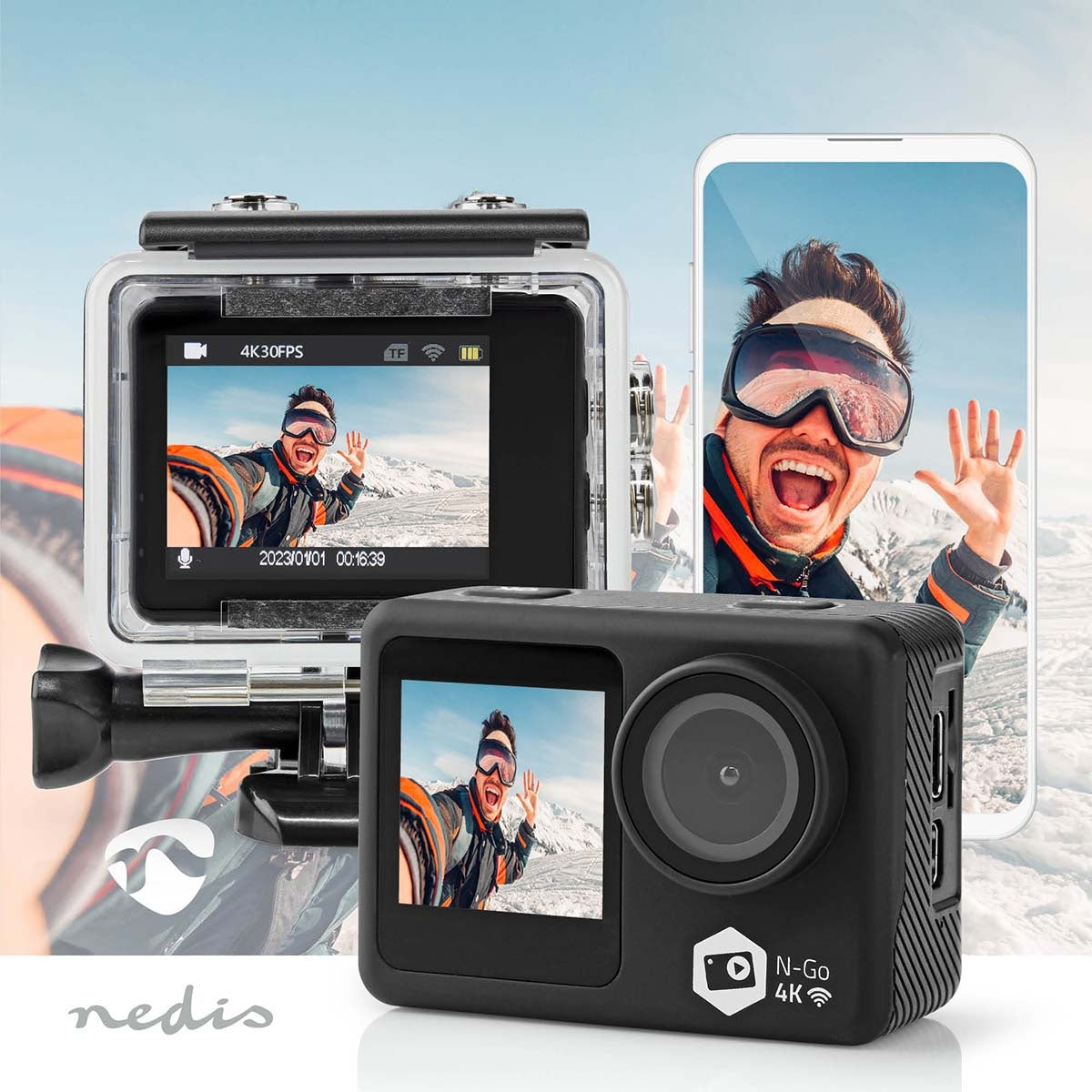 Action Cam | Dual Screen | 4K@30fps | 16 MPixel | Waterproof up to: 30.0 m | 90 min | Wi-Fi | App available for: Android™ / IOS | Mounts included | Black