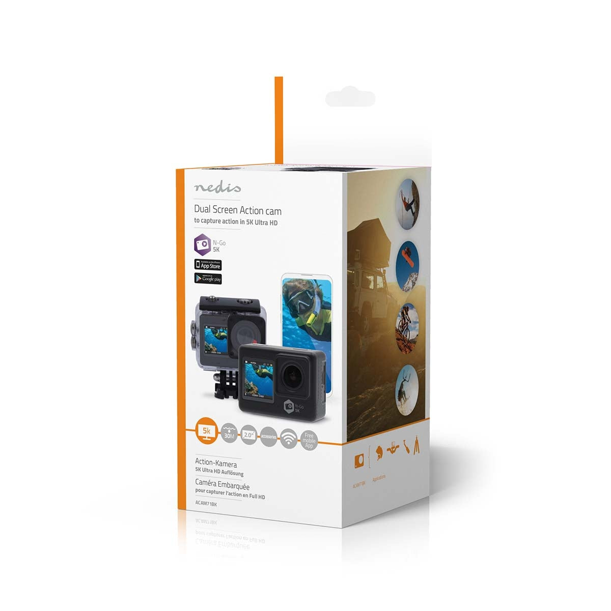 Action Cam | Dual Screen | 5K@30fps | 16 MPixel | Waterproof up to: 30.00 m | 80 min | Wi-Fi | App available for: Android™ / IOS | Mounts included | Black