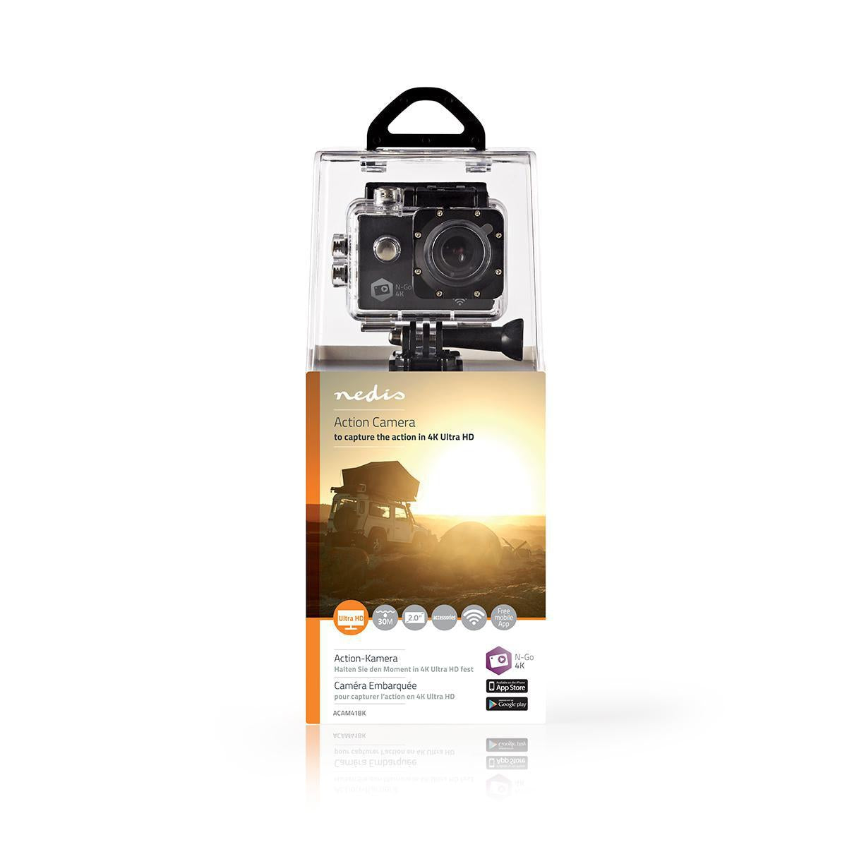 Action Camera | 4K@30fps | 16 MPixel | Waterproof up to: 30.0 m | 90 min | Wi-Fi | App available for: Android™ / IOS | Brackets included | Black