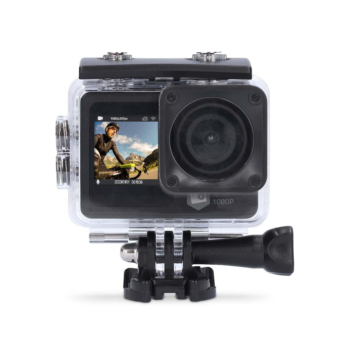 Action Camera | Dual Screen | 1080p@30fps | 12 MPixel | Waterproof up to: 30.0 m | 70 min | Wi-Fi | App available for: Android™ / IOS | Brackets included | Black