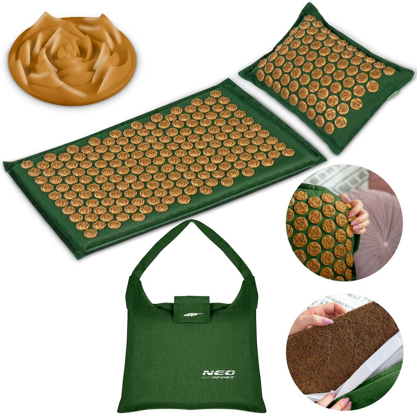 Acupressure mat with cushion NS-902 in green and gold