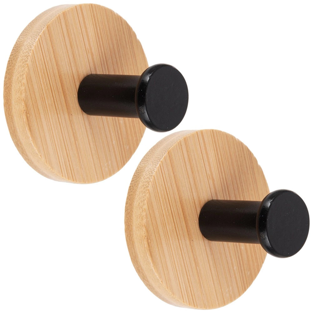 Adhesive Wall Hooks, Bamboo & Metal, Black, 5 cm, 2-Pack