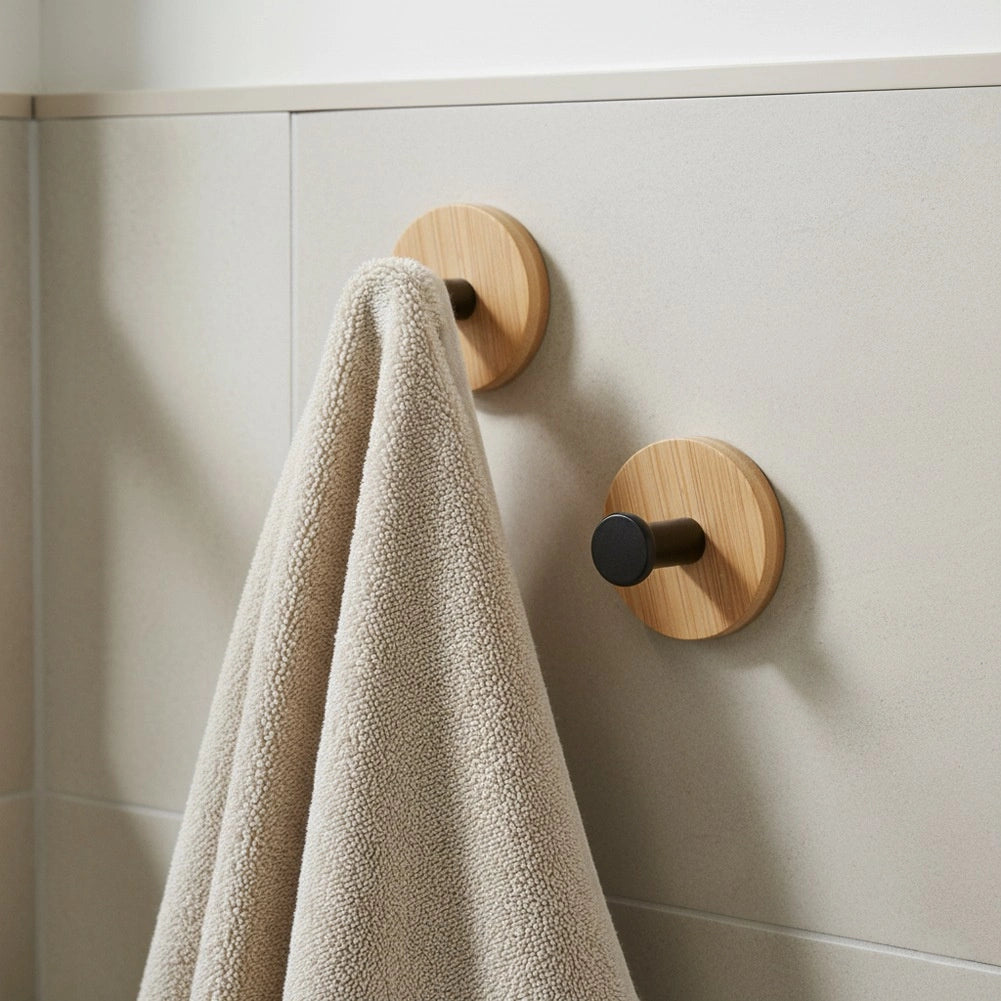 Adhesive Wall Hooks, Bamboo & Metal, Black, 5 cm, 2-Pack