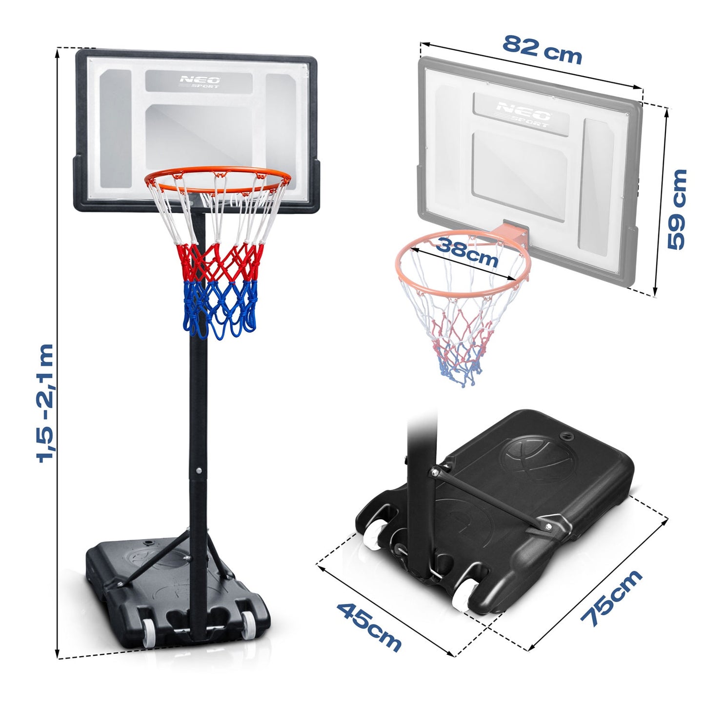 Adjustable Basketball Hoop 1.5m-2.1m for Kids & Adults