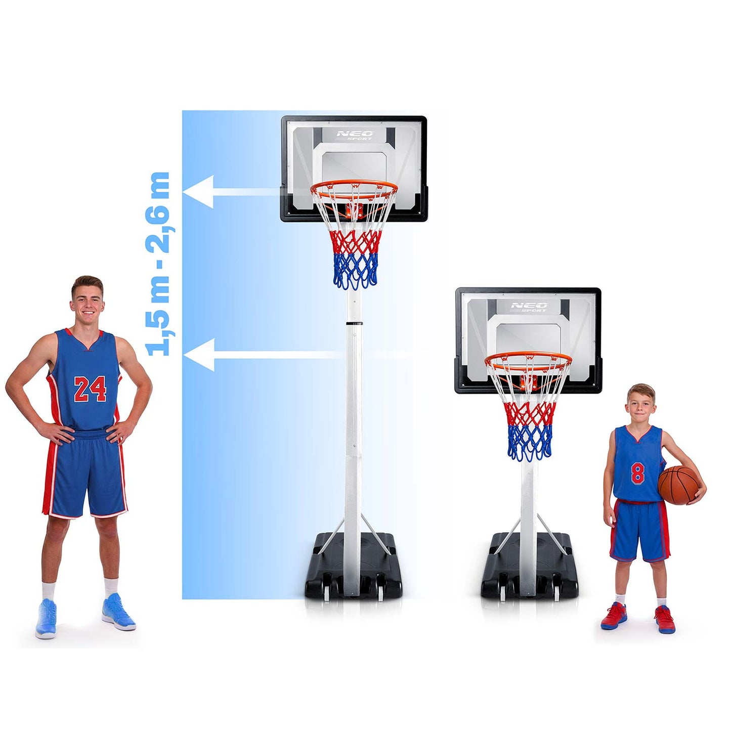 Adjustable Basketball Hoop 1.5m-2.6m, Mobile and Stable