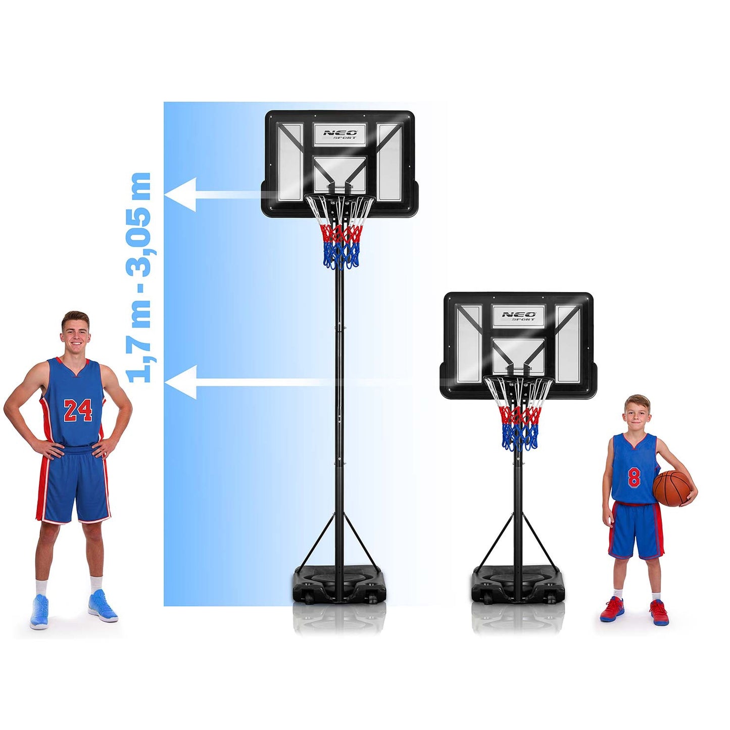 Adjustable Basketball Hoop 1.7-3.05m with Wheels